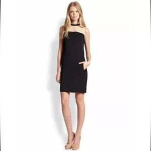 Akris Punto Wool & Leather Sheath Dress | Size 10 Black Tan Colorblock